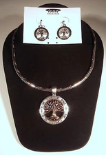 Silver-plated 2-tone choker necklace 2-tone tree of life slide pendant earrings