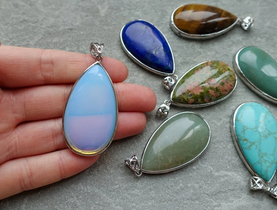 Lote de 100 piezas colgantes bisel enchapados en plata de ley 925 con piedras preciosas de jaspe y mezcla Foto 3 de 3