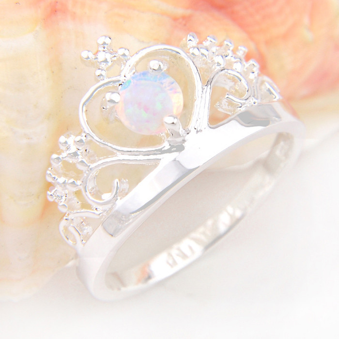 Crown Style Round White Fire Opal Gemstone Silver Woman Ring US