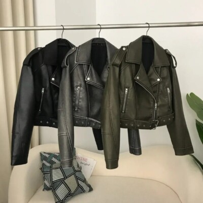 ジャケット・アウター VINTAGE WASHED LEATHER ZIP BoShiNuo Women Belt Washed Leather Jacket Vintage Turn Down