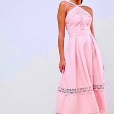 Dress 10 P ASOS True Decadence Skater Fit Flare Pink Crochet Lace Boho Midi/Tea