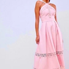 Dress 10 P ASOS True Decadence Skater Fit Flare Pink Crochet Lace Boho Midi/Tea