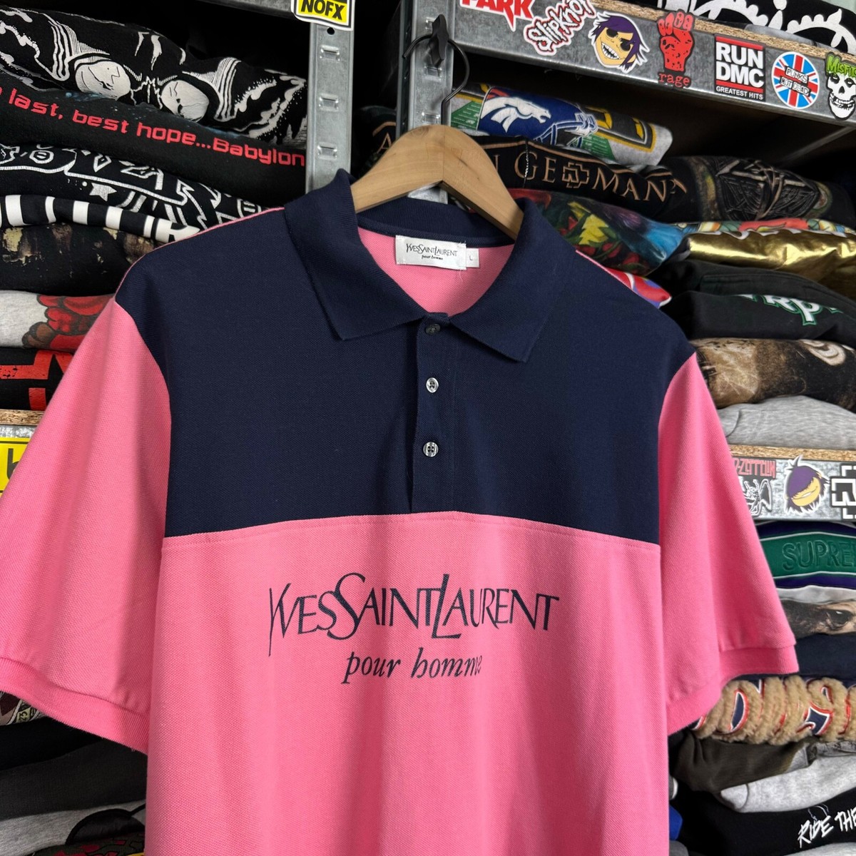 VINTAGE YVES SAINT LAURENT YSL BIG SPELLOUT LOGO PINK POLO SHIRT