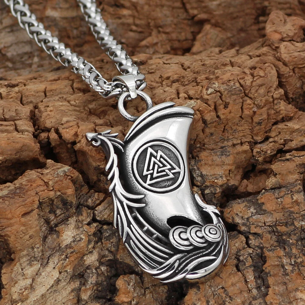 Silver Stainless Steel Norse Viking Odin s Valknut Ship Pendant Necklace Amulet