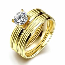 Womens Gold Stainless Steel AAA CZ Engagement Wedding Ring Set Size 7 DR121