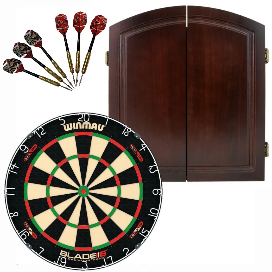 Winmau Blade 6 DUAL CORE Dart Board Solid Wood Cherry Cabinet