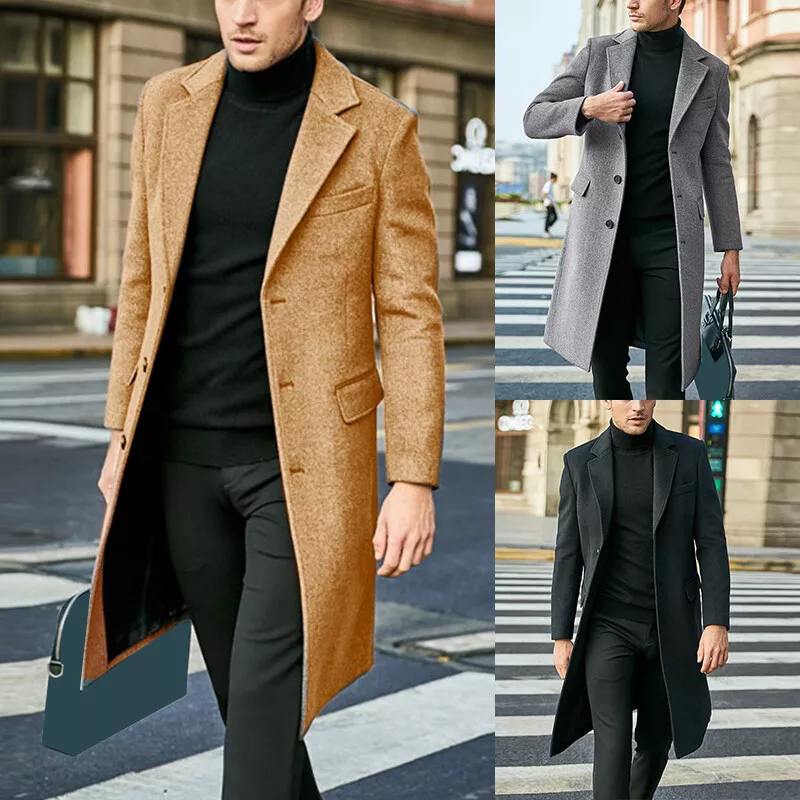 Mens Winter Trench Coat Long Jacket Lapel Neck Outwear Single Breasted  Overcoat