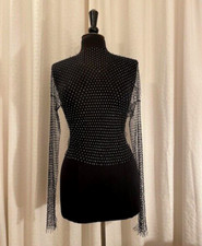 Sultry crystal-bead mesh stretch sheer very long-sleeved top