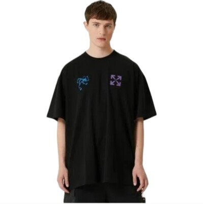 Off-White Men's Seasonal Blue 90's Liquid Over Shortsleeve Tee Shirt Black Blue