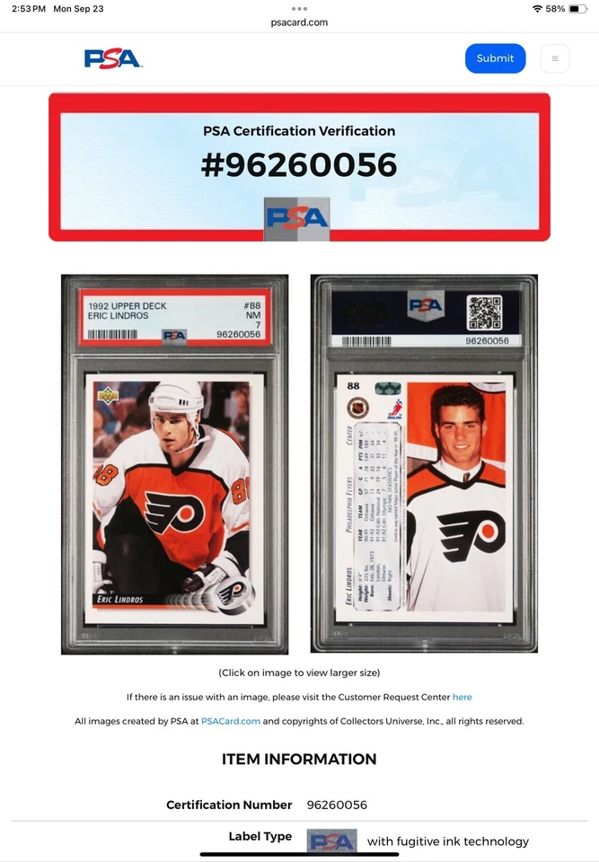 1992 Upper Deck #88 Eric Lindros Psa 7 Philadelphia Flyers - Image 4 of 4