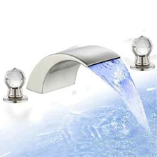 Brushed LED 8''Widespread Bathroom Sink Faucet 3 Hole Waterfall Vanity Mixer Tap