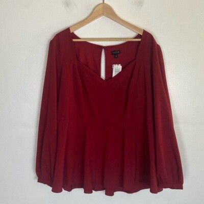 Torrid Women's Babydoll Top Size 3X Color Red Blouse Long Sleeve Stretch V-Neck