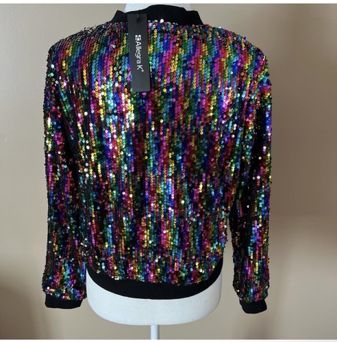 Medium Sequin Sparkle Party Long Sleeve Zipper Bomber Jacket. - Picture 5 of 10