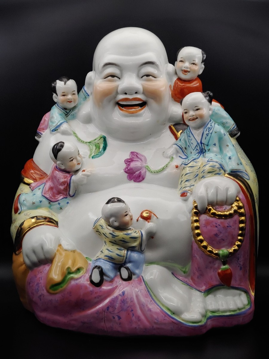 五子登科弥勒佛像粉彩瓷塑Vintage Chinese Famille Rose Porcelain