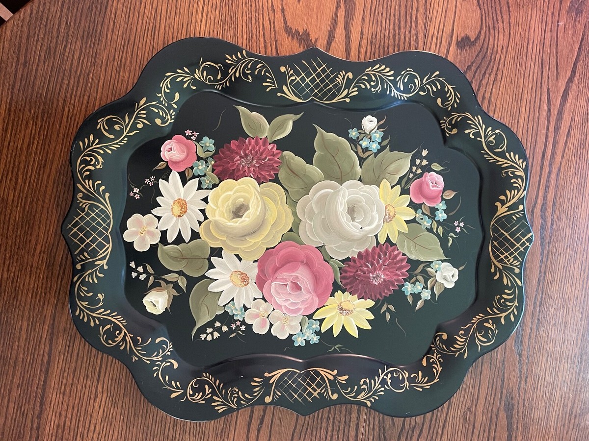 Vintage Toleware Hand Painted Metal Tray Floral Black 1950's Large