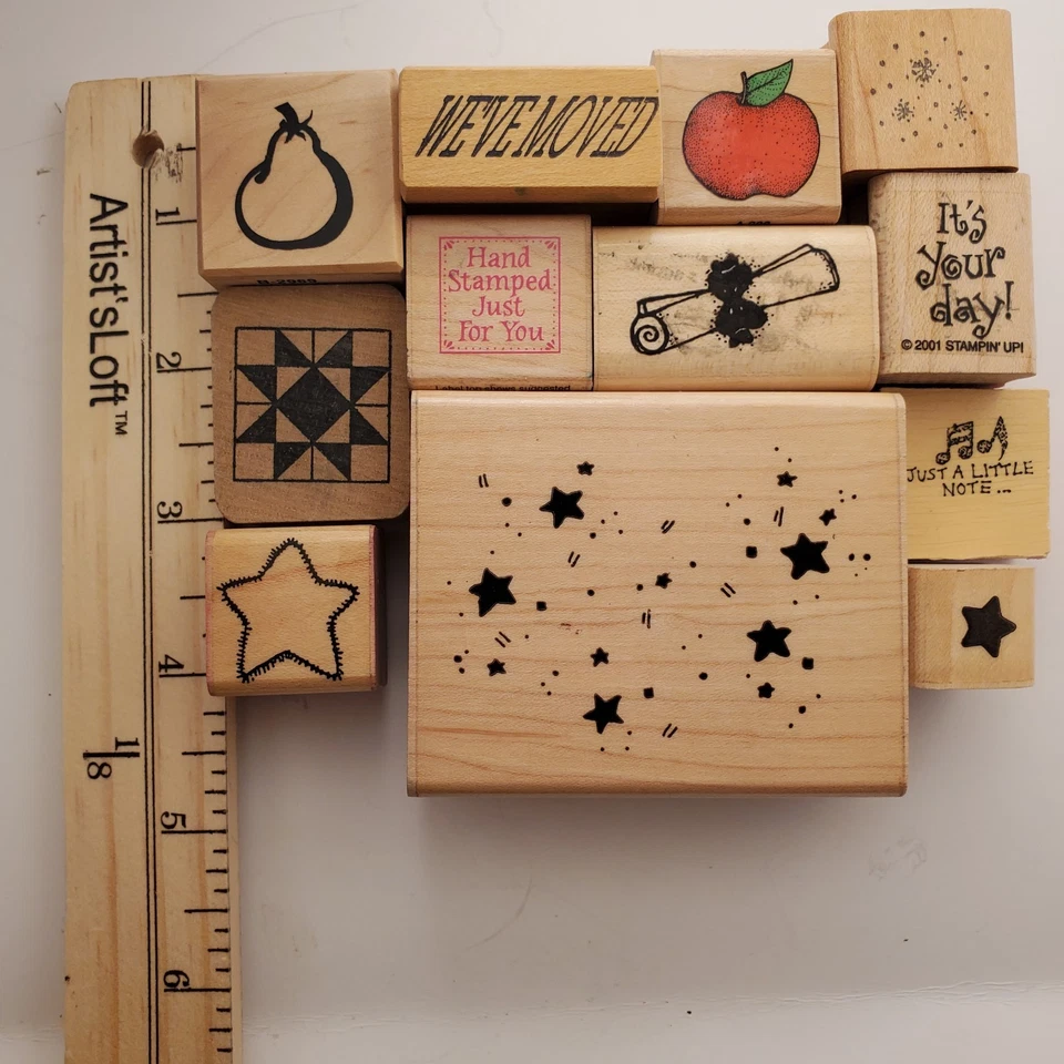 Lote de 12 Variedad de Sellos de Goma-Temas de Estrellas-Manzana-Pera- 1" a 3" Años 90 Foto 3 de 4