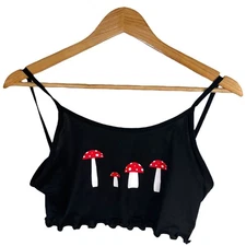Mushroom Lettuce‑Edge Crop Tank Top Black Y2K grunge