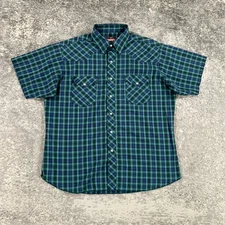 VTG Wrangler Shirt Mens Large L Green Blue Plaid Pearl Snap Western Cowboy Rodeo