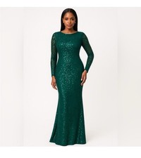 Betsy Adam SZ 4 Emerald Green Sequin Beaded Mesh Long Sleeve Gown Dress NWT GALA