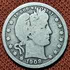 1908 Barber Quarter 25C Silver Coin G/VG 90% Silver Nice Coin