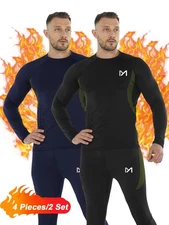 4Pieces Men's Soft Fleece Lined Thermal Underwear 2Set Top&Bottom Winter Warm