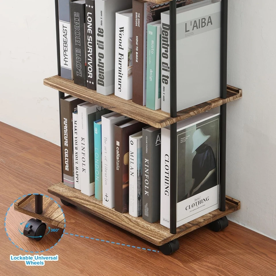 高书架带轮子 5 层实木书柜适用于小空间角落 — 第 4/4 张图片