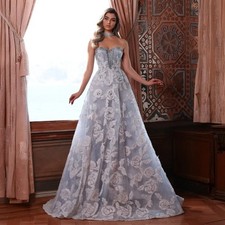 Strapless Floral Lace Evening Dress Sparkly Embroidered Tulle Beading Prom Dress
