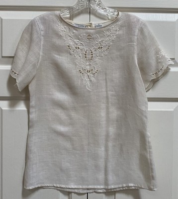 Saks Fifth Avenue Linen Shirt Ivory Top Cutwork Embroidered Flowers Sz 6