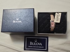 Bulova 96L65 Stainless Steel Crystal Rectangular Pink Leather Quartz Ladies...