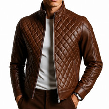 Men's Genuine Leather Quilted Jacket Real Lambskin leather Biker Men Brown