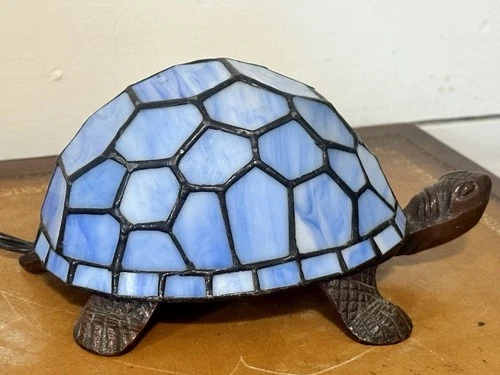 Vintage Stained Glass Blue Turtle Tiffany Style Table Lamp Iron Base Nightlight