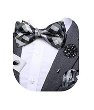 Bowtie for Men Paisley Floral Mens Pretied Bowtie and Lapel Pin Set Black Grey