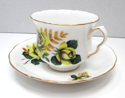 Taza de té y platillo de porcelana de hueso fino rosas amarillas Queen Anne England vintage 1960 - Imagen 2 de 21