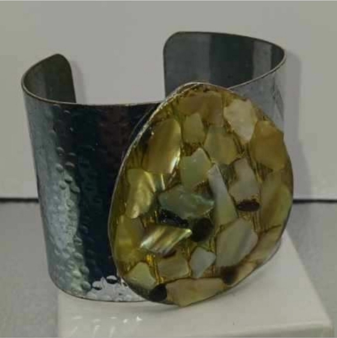 Silver plated, hammered shell cuff bracelet - image 1