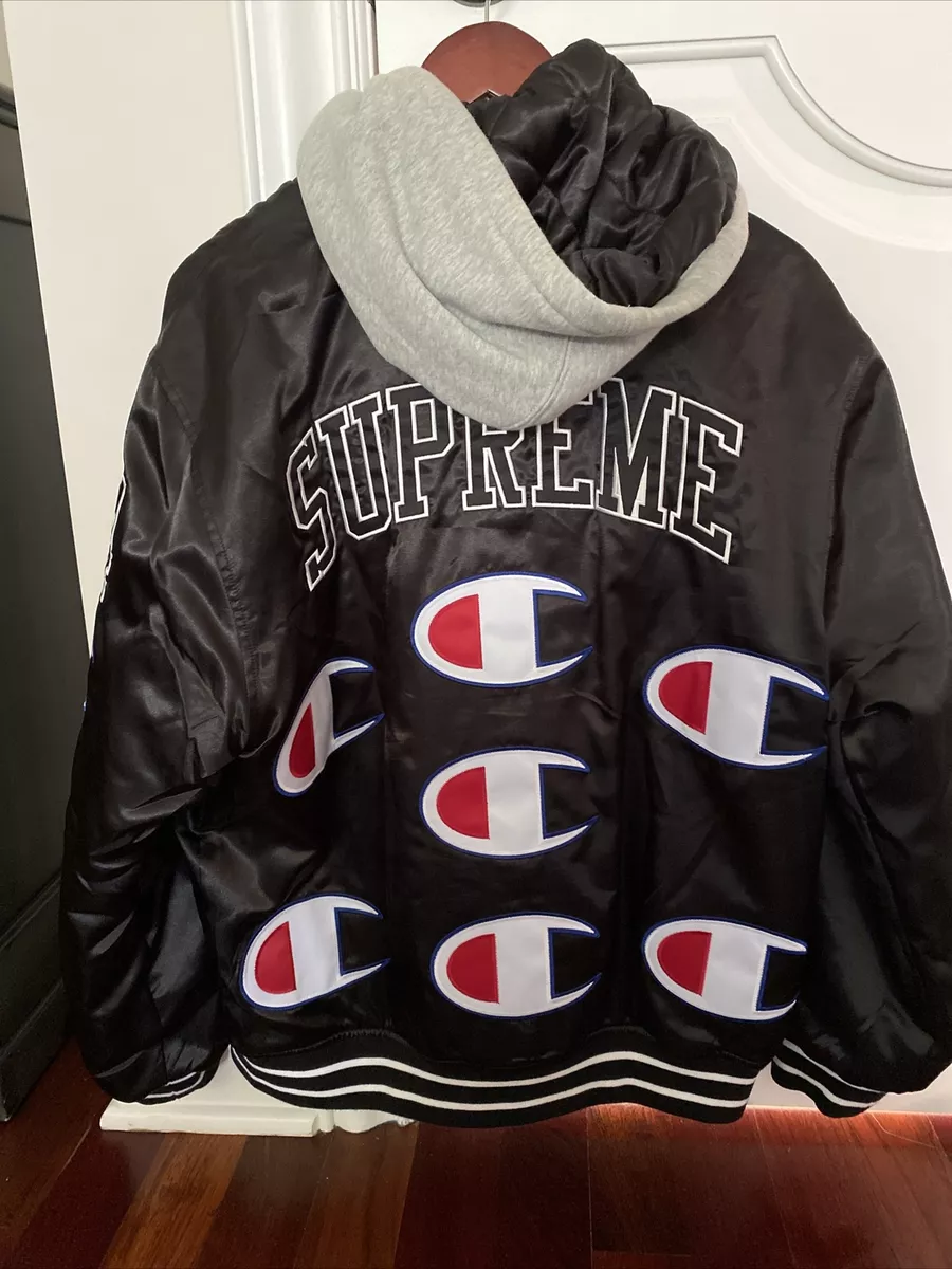 Supreme Champion Hooded Satin Varsity Jacket - Size M - Black | eBay