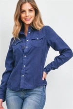 Navy Blue Pearl Snap Long Sleeve Corduroy Top Small DISTRESSED Rockabilly