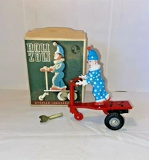 Vintage Toy Roli Zoli Wind-up Tin Clown Scooter Hungary Original Box & Key