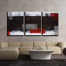 Wall26 - Grey and Red Abstract Art Painting - Canvas Wall Art - 24"x36"x3 Panels