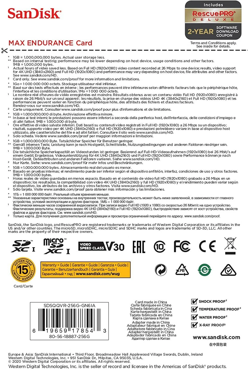 SanDisk® 256GB MicroSDXC MAX ENDURANCE Card With Adapter C10 U3.