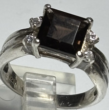Vtg Smoky Quartz square stone ring clear topaz accents in sterling 925 Size 6.75