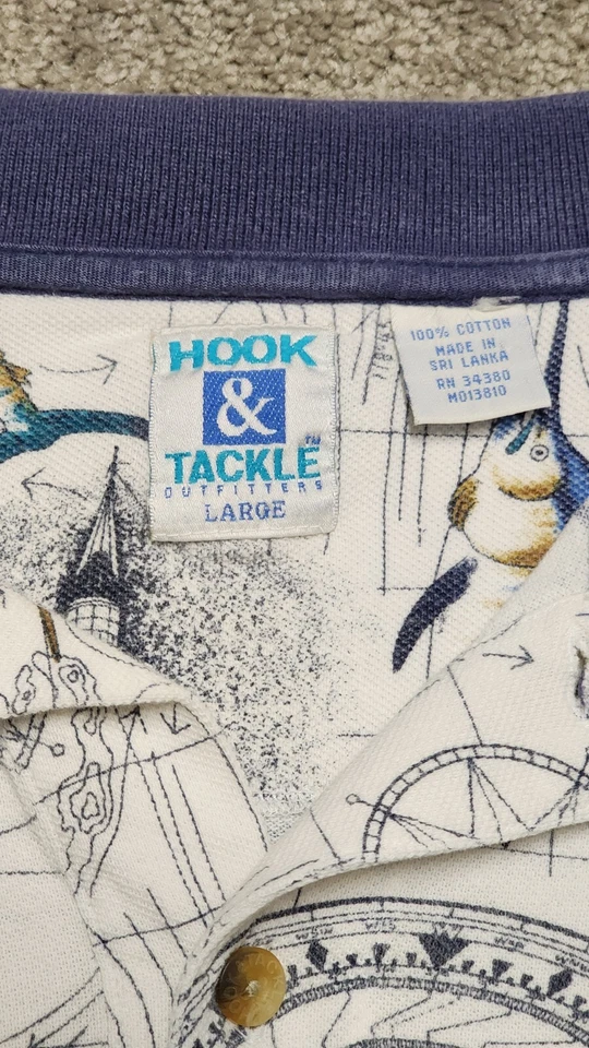 VTG Hook And Tackle Nautical Fishing Polo Shirt Mens L Ocean Map Marlin - Image 2 of 4