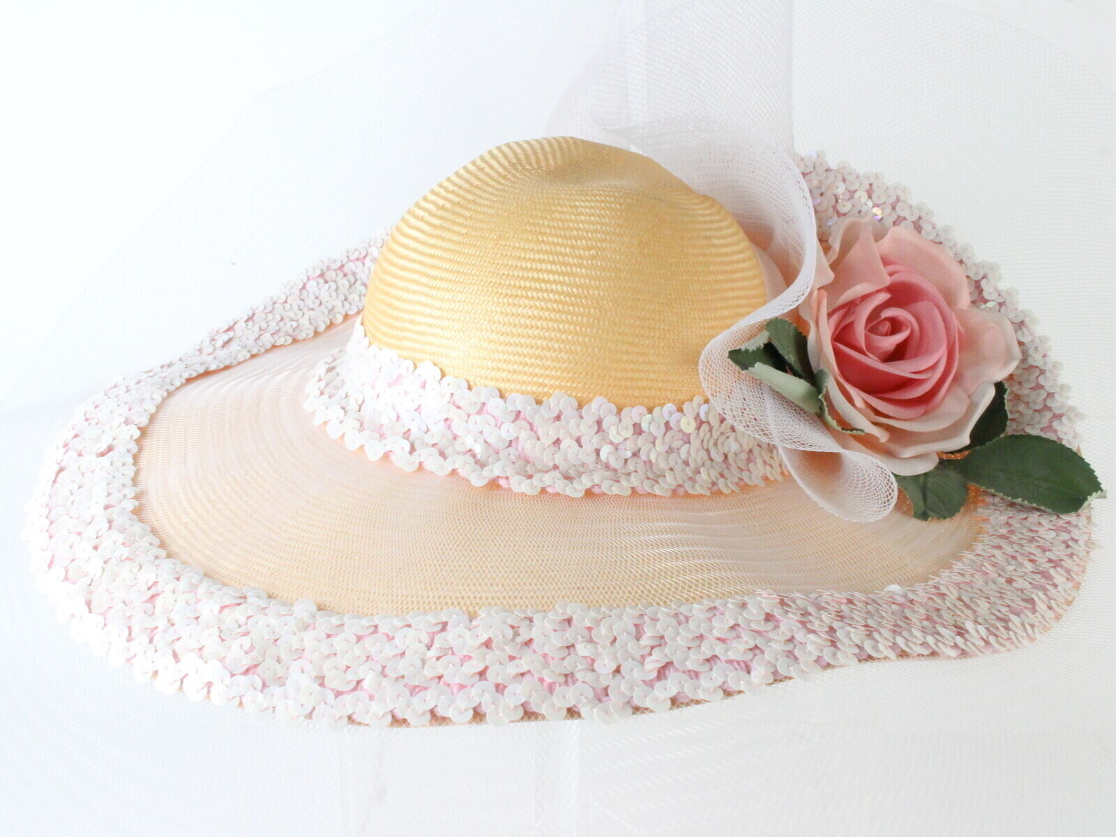 Chapeau Creations Ladies Boutique Pink Straw Hat W/ Sequins Flower 6 7/8  55cm