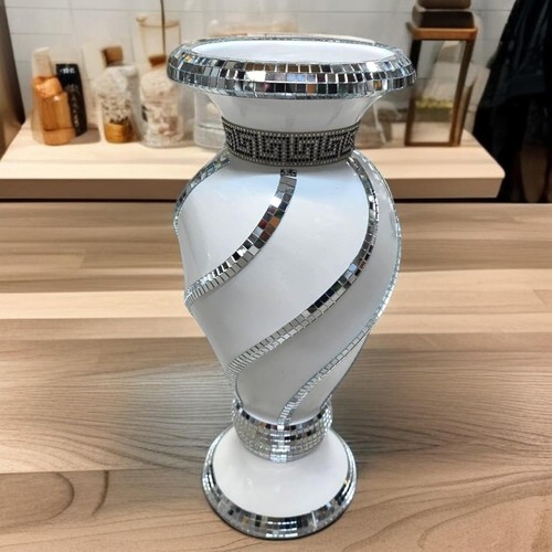Spiral Crushed Diamond Ceramic Flower Vase White Marble Vase, Elegant Sparkle - Picture 6 of 9