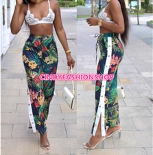New Style Hot Floral Print Women Casual Beach Pants High Split Straight Trousers