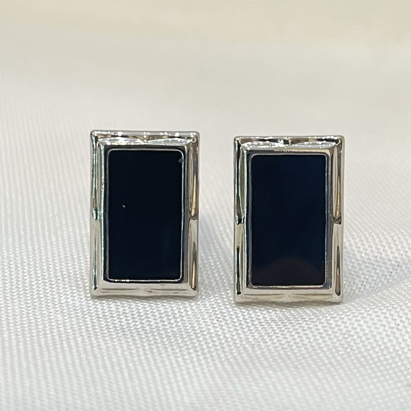 Vintage Silver Tone Black Onyx Style Rectangle Cufflinks Mens Formal Jewelry