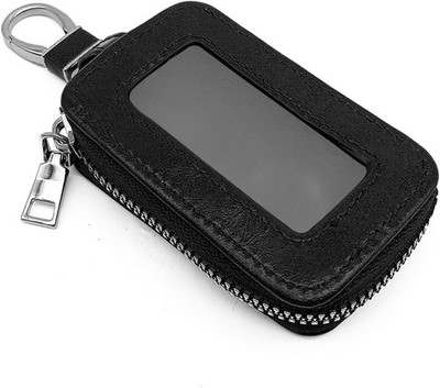 Leather Car Key Fob Protector Bag with Metal Hook and Keyring Zip Color: Black