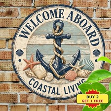 Coastal Anchor Sea Shells Nautical Round Tin Sign Ocean Beach House Wall Decor