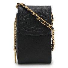 CHANEL Coco Mark Chain Shoulder Pouch Phone Case Embossed Leather Black