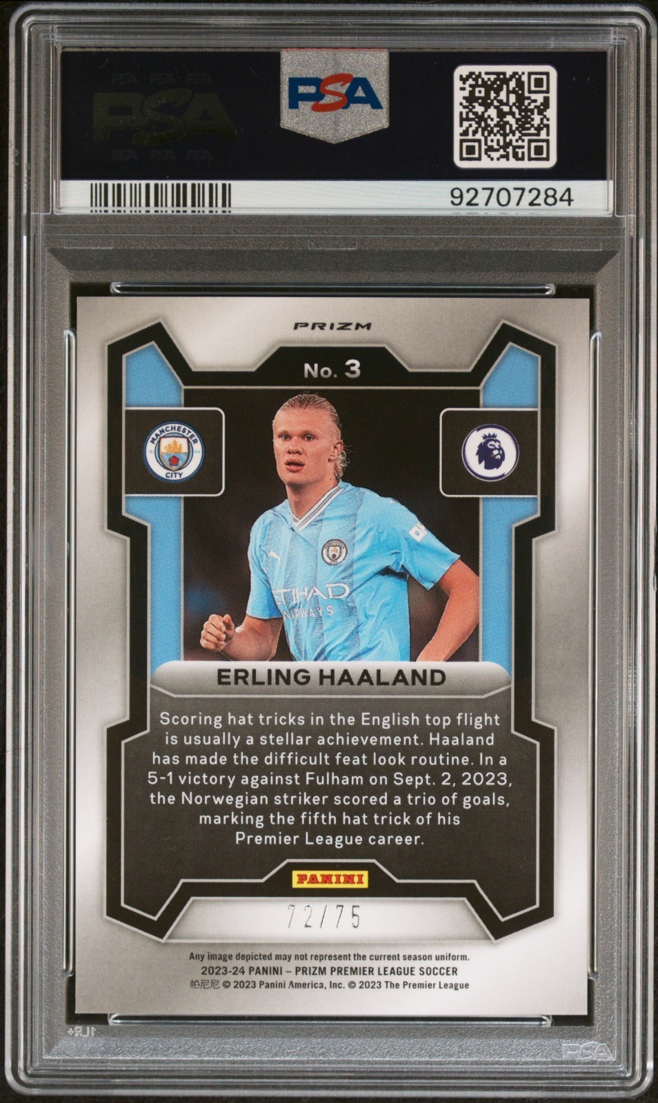Erling Haaland /75 Blue Ice PSA 10 2023-24 Panini Prizm Premier League Pop 11 view 2