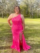 Sz 12  Bright Pink Morilee Pro one-shoulder dress with a front skirt slit.